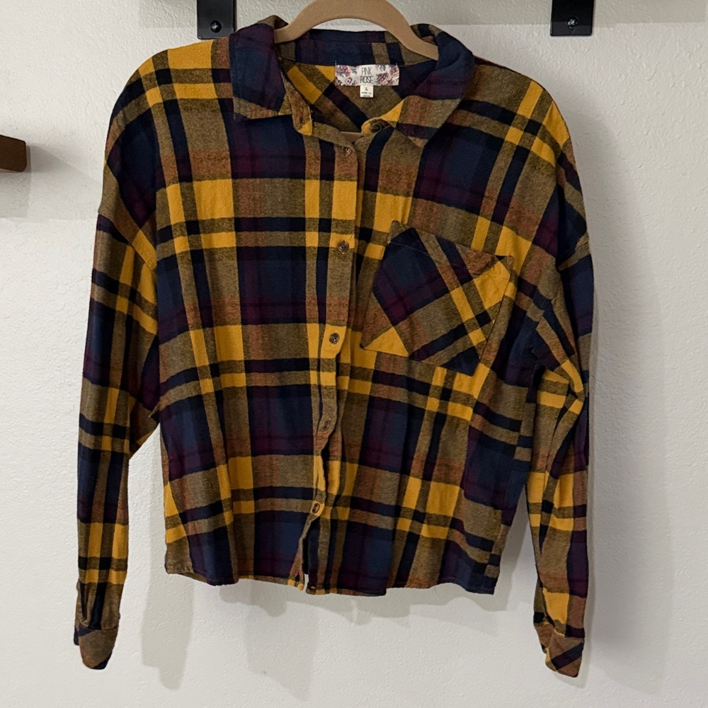 Pink Rose Plaid Button-Down Shirt in Mustard, Navy & Burgundy